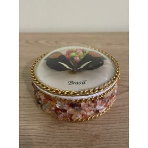 VTG 3.25” Real Butterfly & Flowers Brazil Souvenir Domed Jewelry Trinket Box